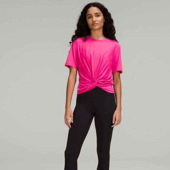 Lululemon Crescent Tee Sonic Pink Twist Front Crop Pima Cotton - Picture 1 of 9